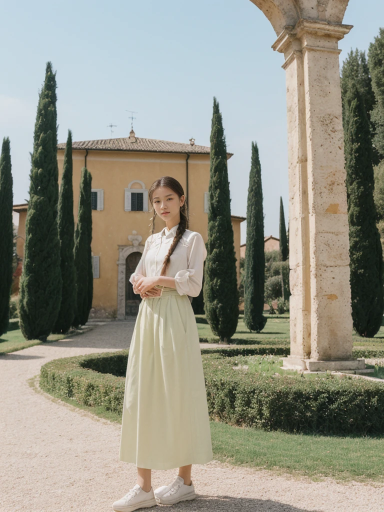 her name is Asako, high quality, 1girl, ((20-year-old fit Caucasian woman)), ((20 years old)), ((slim)), ((Fishtail Braid hair)), pose: standing, wearing edgy Generation-Z modern wear pastel colored, BACKGROUND:"In the Boboli Gardens, with manicured lawns, sculptures, and panoramic views of the Tuscan landscape."