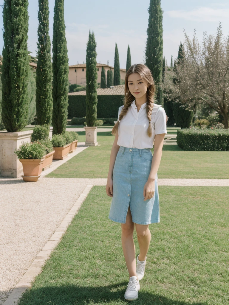 her name is Asako, high quality, 1girl, ((20-year-old fit Caucasian woman)), ((20 years old)), ((slim)), ((Fishtail Braid hair)), pose: standing, wearing edgy Generation-Z modern wear pastel colored, BACKGROUND:"In the Boboli Gardens, with manicured lawns, sculptures, and panoramic views of the Tuscan landscape."