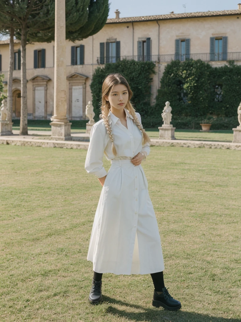her name is Asako, high quality, 1girl, ((20-year-old fit Caucasian woman)), ((20 years old)), ((slim)), ((Fishtail Braid hair)), pose: standing, wearing edgy Generation-Z modern wear pastel colored, BACKGROUND:"In the Boboli Gardens, with manicured lawns, sculptures, and panoramic views of the Tuscan landscape."