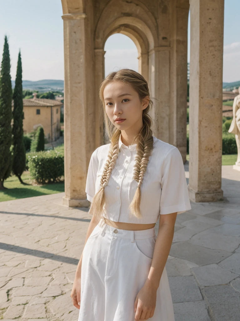 a white girl, of 1,58 cm, Straight, ankle-length hair in a pink braid, a pale pink skirt and a white top while in my skirt is an anemo vision, my fuchsia eyes with a four-pointed pupil and inspired by Genshin Impact Sumeru. 