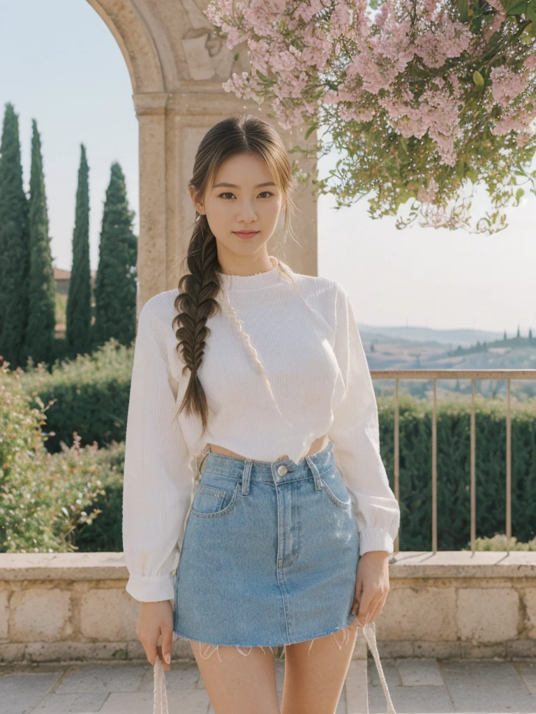 her name is Asako, high quality, 1girl, ((20-year-old fit Caucasian woman)), ((20 years old)), ((slim)), ((Fishtail Braid hair)), pose: standing, wearing edgy Generation-Z modern wear pastel colored, BACKGROUND:"In the Boboli Gardens, with manicured lawns, sculptures, and panoramic views of the Tuscan landscape."