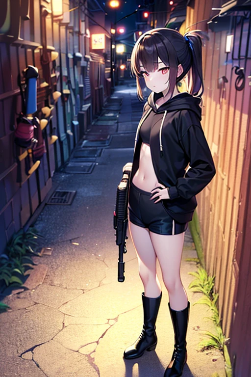 masterpiece, extra limbs,(1girl),16years old,(black ponytail), slant eyes, blank navy eyes,(medium breasts, small nipples, small areolas),pale white skin athlete skinny body,sullen,(standing against the wall),((clothed killer,black hooded sweatshirt,hot pants,black boots)),(have a gun),((alley,night:1.8)),full body,pov