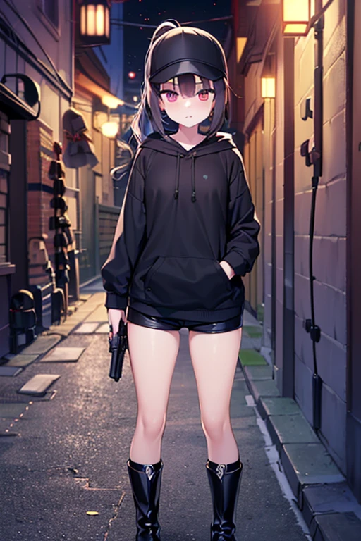 masterpiece, extra limbs,(1girl),ars old,(black ponytail), slant eyes, blank navy eyes,(medium breasts, small nipples, small areolas),pale white skin athlete skinny body,sullen,(standing against the wall),((clothed killer,black hooded sweatshirt,hot pants,black boots)),(have a gun),((alley,night:1.8)),full body,pov