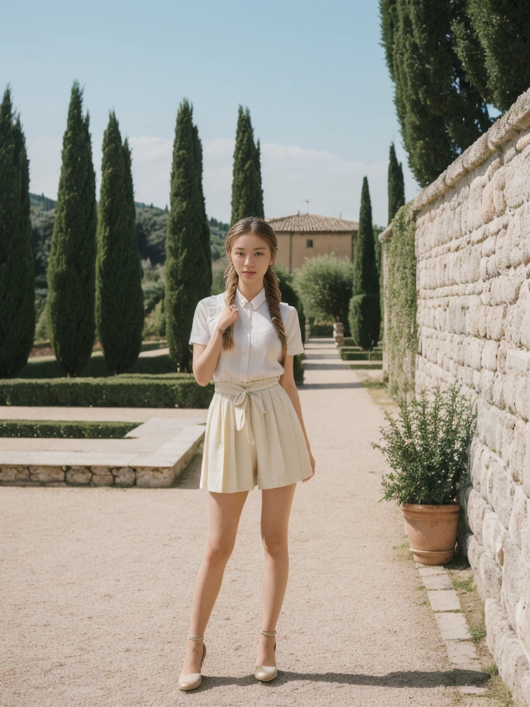 her name is Asako, high quality, 1girl, ((20-year-old fit Caucasian woman)), ((20 years old)), ((slim)), ((Fishtail Braid hair)), pose: standing, wearing edgy Generation-Z modern wear pastel colored, BACKGROUND:"In the Boboli Gardens, with manicured lawns, sculptures, and panoramic views of the Tuscan landscape."