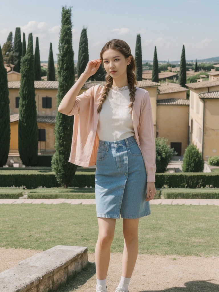 her name is Asako, high quality, 1girl, ((20-year-old fit Caucasian woman)), ((20 years old)), ((slim)), ((Fishtail Braid hair)), pose: standing, wearing edgy Generation-Z modern wear pastel colored, BACKGROUND:"In the Boboli Gardens, with manicured lawns, sculptures, and panoramic views of the Tuscan landscape."