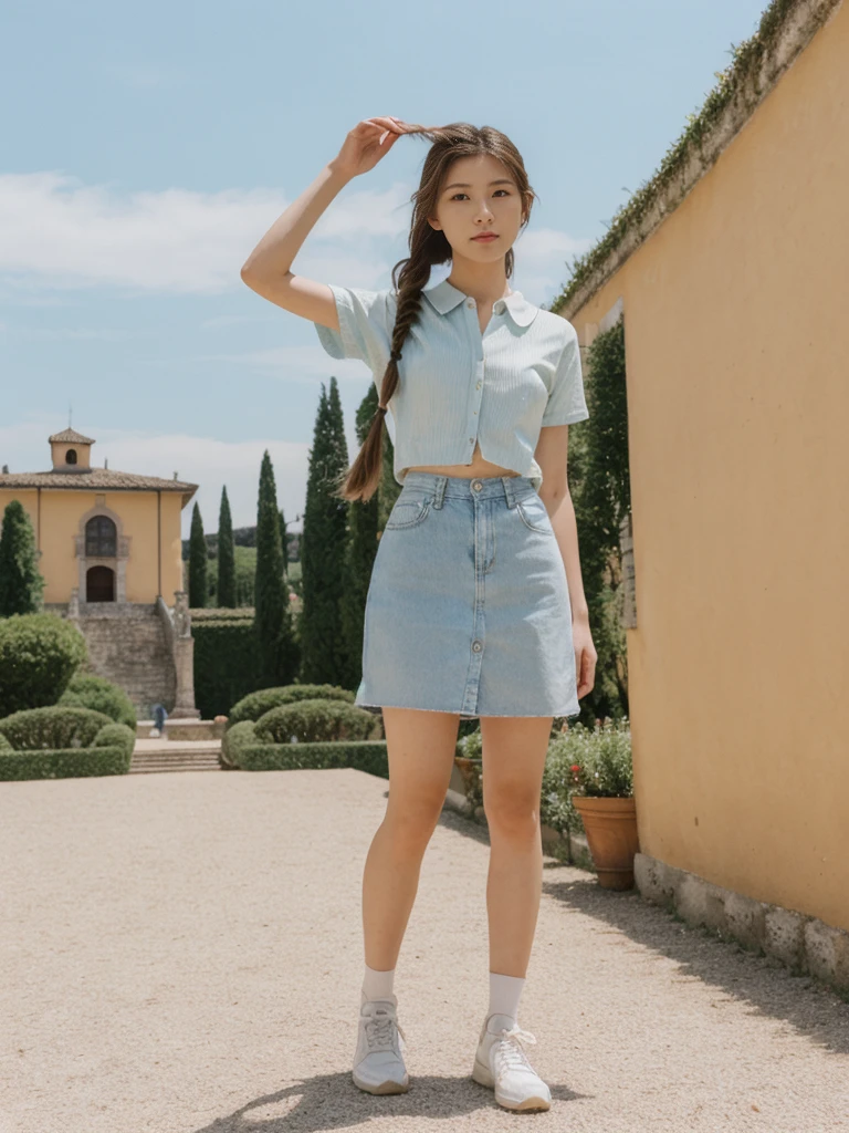 her name is Asako, high quality, 1girl, ((20-year-old fit Caucasian woman)), ((20 years old)), ((slim)), ((Fishtail Braid hair)), pose: standing, wearing edgy Generation-Z modern wear pastel colored, BACKGROUND:"In the Boboli Gardens, with manicured lawns, sculptures, and panoramic views of the Tuscan landscape."