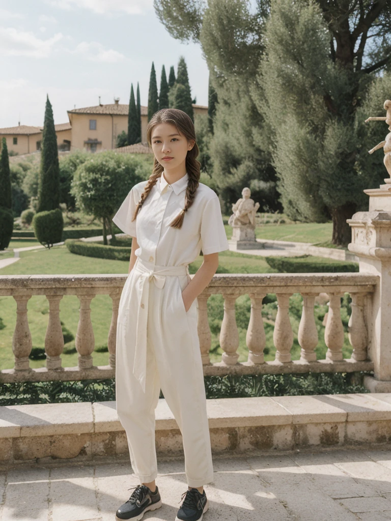 her name is Asako, high quality, 1girl, ((20-year-old fit Caucasian woman)), ((20 years old)), ((slim)), ((Fishtail Braid hair)), pose: standing, wearing edgy Generation-Z modern wear pastel colored, BACKGROUND:"In the Boboli Gardens, with manicured lawns, sculptures, and panoramic views of the Tuscan landscape."