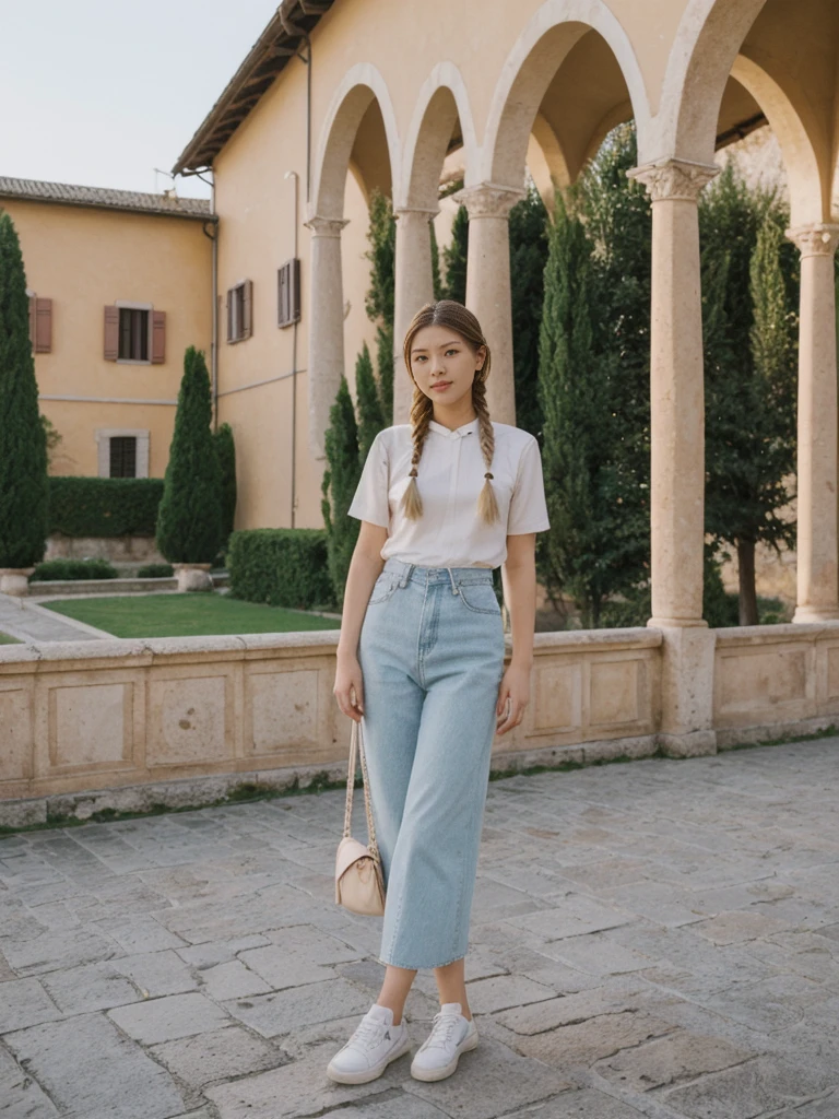 her name is Asako, high quality, 1girl, ((20-year-old fit Caucasian woman)), ((20 years old)), ((slim)), ((Fishtail Braid hair)), pose: standing, wearing edgy Generation-Z modern wear pastel colored, BACKGROUND:"In the Boboli Gardens, with manicured lawns, sculptures, and panoramic views of the Tuscan landscape."