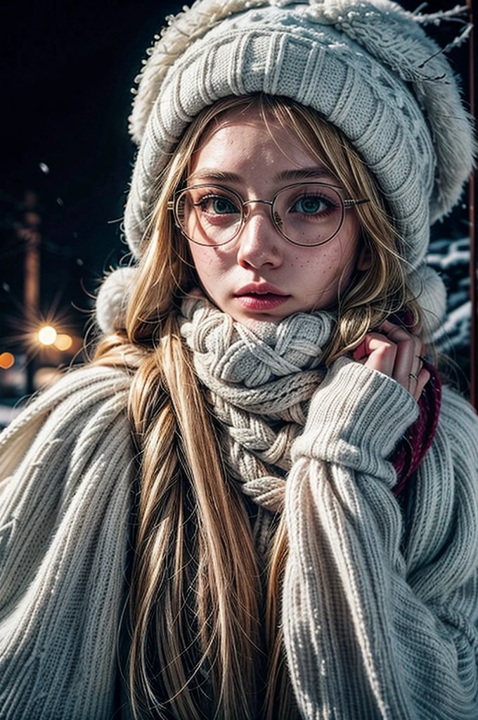 1 girl, blonde hair, long hair, crownbraid, snowcap, round eyewear, glasses, white winter furcoat, snow, standing, in snow, night, solo, orange lighting, pink scarf, hand on scarf, green eyes, black gloves, close up, moonlight, snowing, freckles