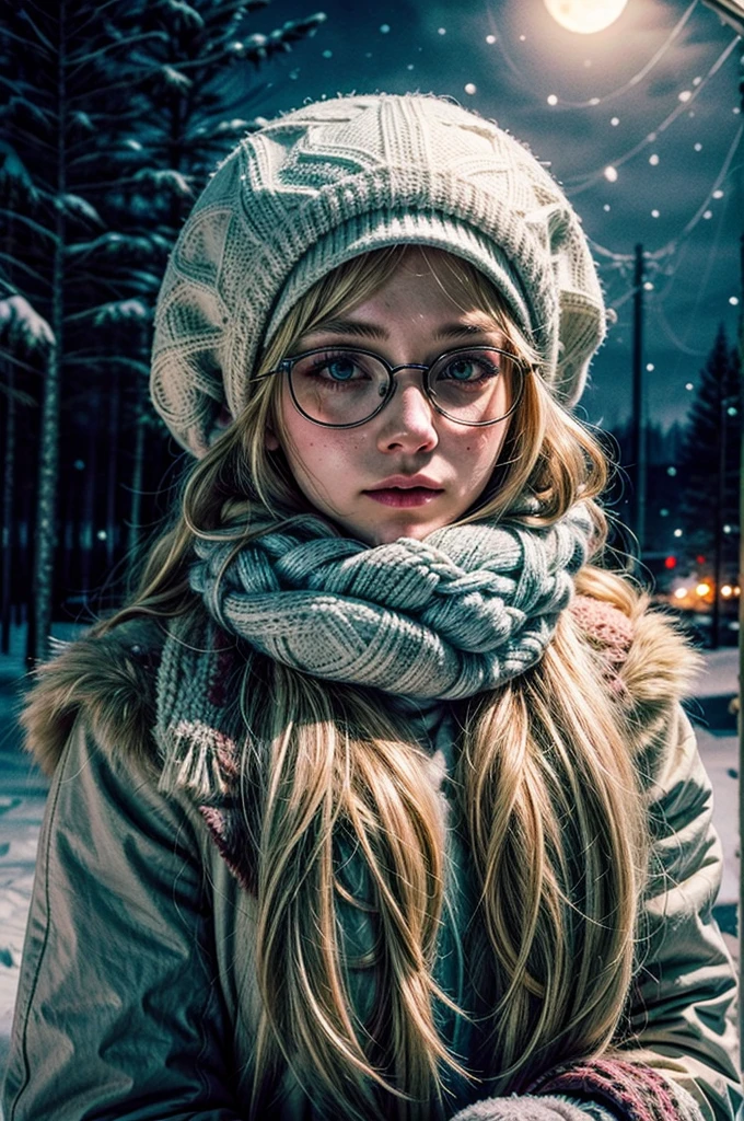 1 girl, blonde hair, long hair, crownbraid, snowcap, round eyewear, glasses, white winter furcoat, snow, standing, in snow, night, solo, orange lighting, pink scarf, hand on scarf, green eyes, black gloves, close up, moonlight, snowing, freckles