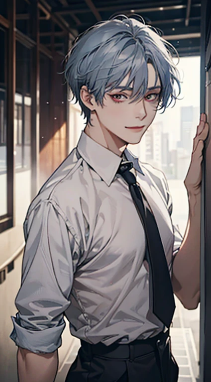 a mature man with short grey blue hair, red eyes, 31 years, and a perfect face, smiling in love, CEO, cinematic lighting, 1:4 HDR image, top view, ultra detailed, best quality, masterpiece, 8K, photorealistic, beautiful image