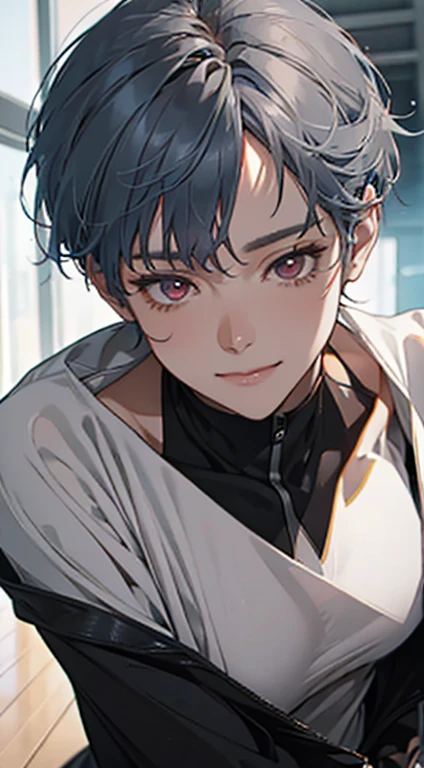 a mature man with short grey blue hair, red eyes, 31 years, and a perfect face, smiling in love, CEO, cinematic lighting, 1:4 HDR image, top view, ultra detailed, best quality, masterpiece, 8K, photorealistic, beautiful image