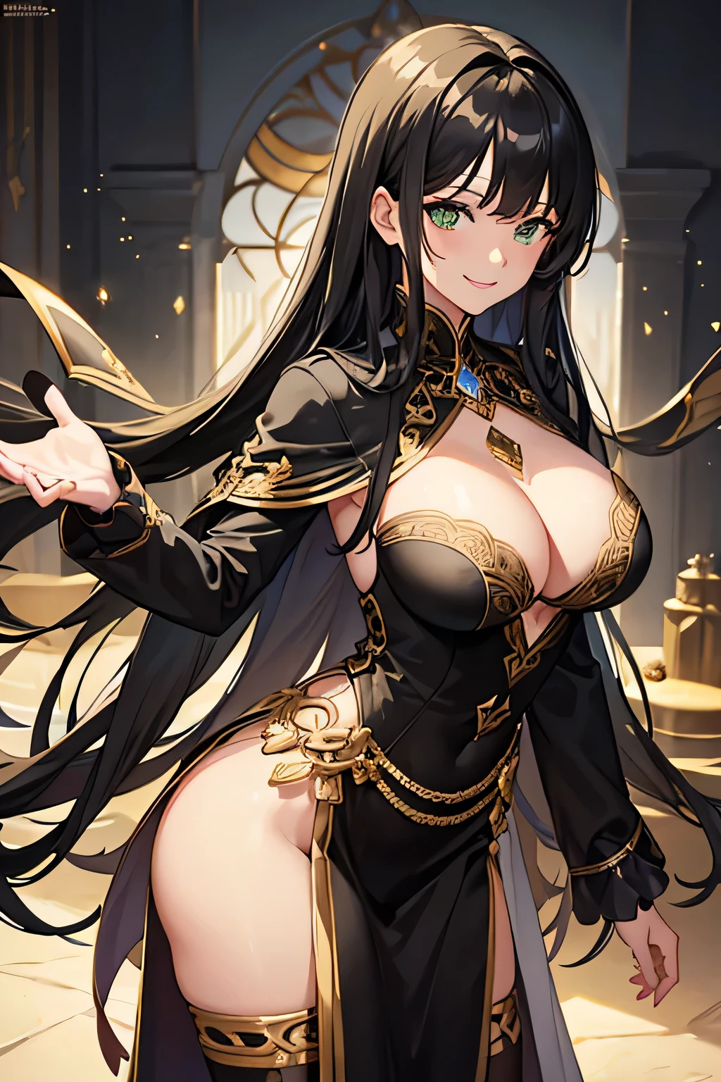 masterpiece, best quality, detailed clothes,1girl, green eyes, black hair, solo, long hair, bangs, large breasts, black and gold clothing, smiling, smile