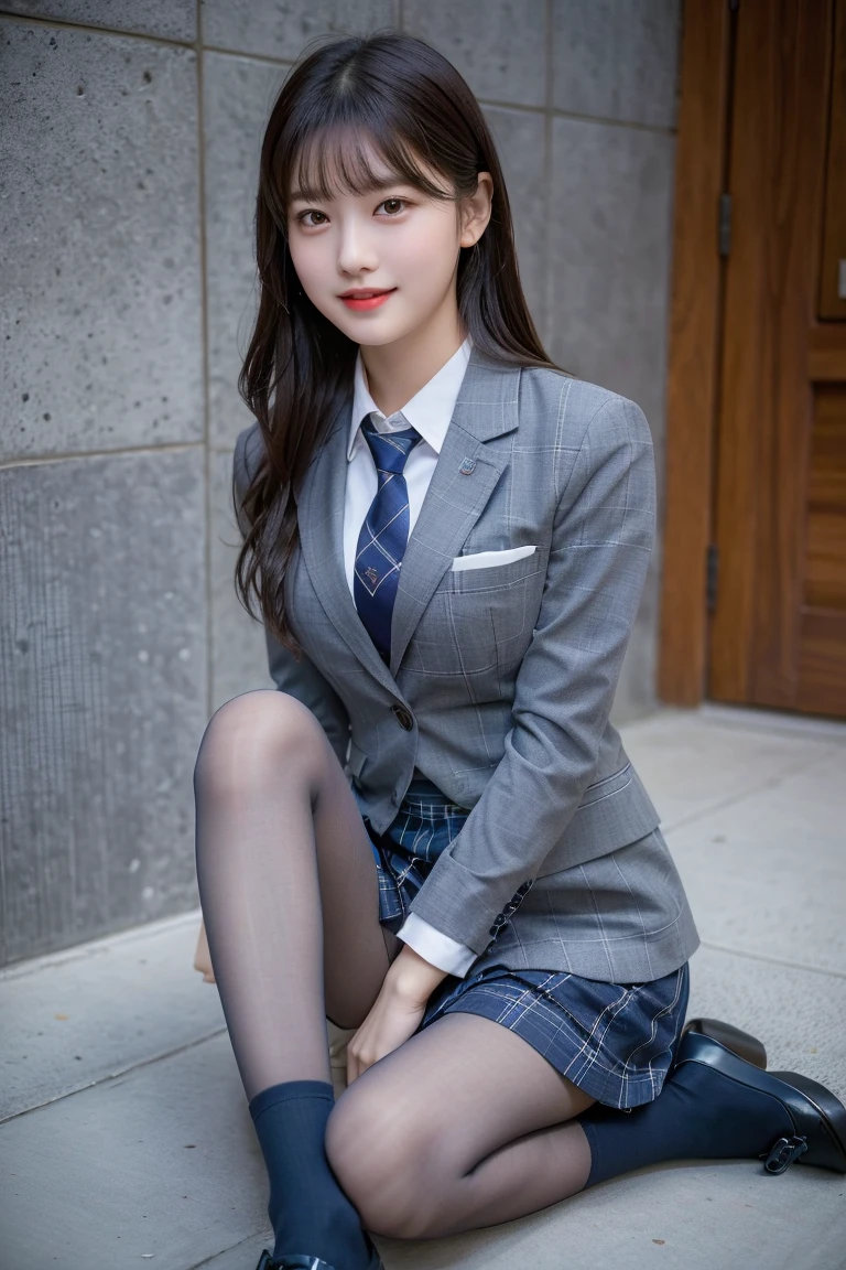(8K), (highest quality: 1.2), (realistic), (realistic: 1.37), ultra high resolution, (1 girl), cute, smile, closed mouth, beautiful details, beautiful nose, wet hair, giant dulcefo, pork, thighs,self snap,University Student Uniform,(A simple navy blue blazer),pleated skirt,(The skirt and tie are gray tartan check pattern....:1.3),(sitting:1), sit on the ground,(hug your feet:1),white pantyhose,from the front,knees