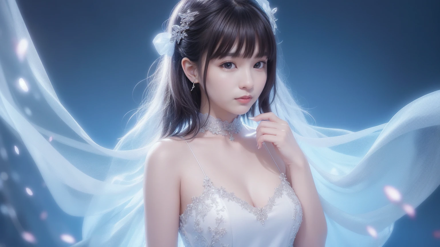 (((1 girl)))、（）、girl、Fluffy long hair、Glass Dress、plastic dress，See-through transparent clothing，Glass texture，The light shines，color is transparent，hair ornaments、Choker Necklace、gem、Cute face、Physically、Tyndall effect、Realistic、Shadow Studio、Edge Light、2-color illumination、（Skin with attention to detail：1.2）、8K, Ultra HD、Digital single-lens reflex camera、Soft Lighting、expensive、expensive品質、Volumetric Light、Voyeur、photograph、High resolution、4K、8K、The background is blurred，Highest quality、masterpiece、High resolution、