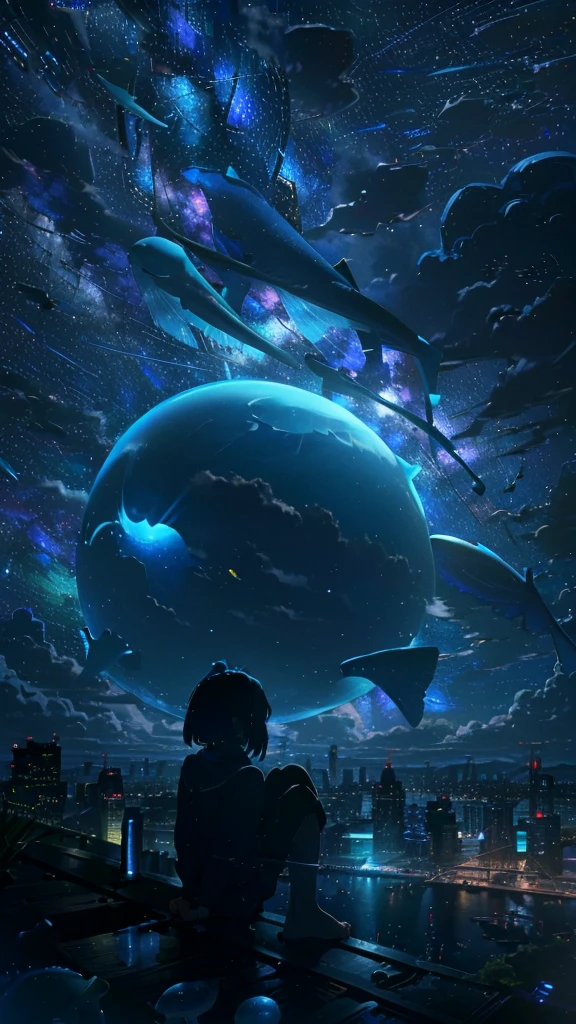 masterpiece, Exquisite detail,Highest quality, One girl, alone, handrail, cloud, Looking up at the buildings,Long Hair, zero, Long sleeve, Power lines, White footwear, Black Hair, View your viewers, Electric pole, bangs, cloudy zero, fish, bird, Green Eyes, Shorts, Day, Black Shirt, barefoot,Whale flying in the sky,Giant whale,night,Star,milky way,night,Pitch black,Buildings,Sitting,bright,noon,sun,Shine