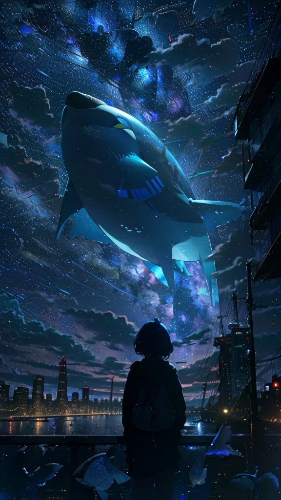 masterpiece, Exquisite detail,Highest quality, One girl, alone, handrail, cloud, Looking up at the buildings,Long Hair, zero, Long sleeve, Power lines, White footwear, Black Hair, View your viewers, Electric pole, bangs, cloudy zero, fish, bird, Green Eyes, Shorts, Day, Black Shirt, barefoot,Whale flying in the sky,Giant whale,night,Star,milky way,night,Pitch black,Buildings,Sitting,bright,noon,sun,Shine