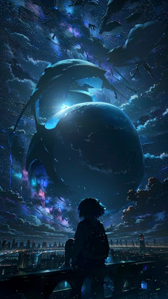 masterpiece, Exquisite detail,Highest quality, One girl, alone, handrail, cloud, Looking up at the buildings,Long Hair, zero, Long sleeve, Power lines, White footwear, Black Hair, View your viewers, Electric pole, bangs, cloudy zero, fish, bird, Green Eyes, Shorts, Day, Black Shirt, barefoot,Whale flying in the sky,Giant whale,night,Star,milky way,night,Pitch black,Buildings,Sitting,bright,noon,sun,Shine