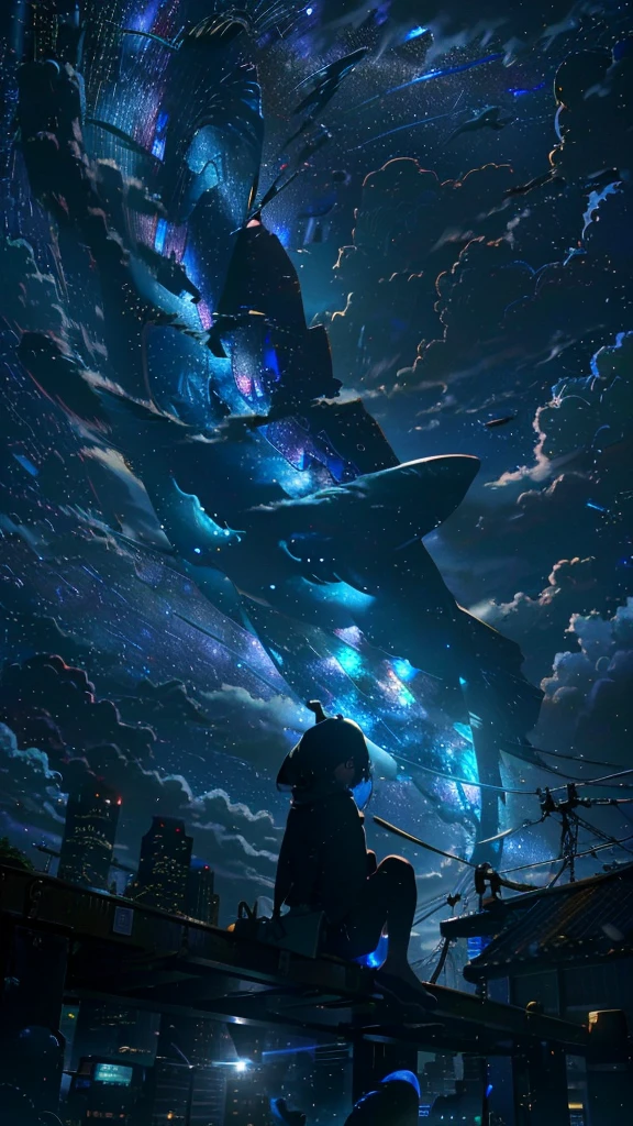 masterpiece, Exquisite detail,Highest quality, One girl, alone, handrail, cloud, Looking up at the buildings,Long Hair, zero, Long sleeve, Power lines, White footwear, Black Hair, View your viewers, Electric pole, bangs, cloudy zero, fish, bird, Green Eyes, Shorts, Day, Black Shirt, barefoot,Whale flying in the sky,Giant whale,night,Star,milky way,night,Pitch black,Buildings,Sitting,bright,noon,sun,Shine