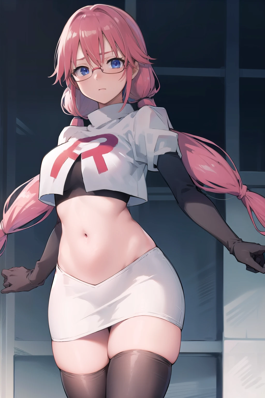 airisakura, airi sakura, blue eyes, glasses, long hair, pink hair, (low twintails:1.5),
BREAK glasses, team rocket,team rocket uniform,white skirt,red letter R,crop top,black thigh-highs,black elbow gloves,
BREAK looking at viewer, 
BREAK (masterpiece:1.2), best quality, high resolution, unity 8k wallpaper, (illustration:0.8), (beautiful detailed eyes:1.6), extremely detailed face, perfect lighting, extremely detailed CG, (perfect hands, perfect anatomy),