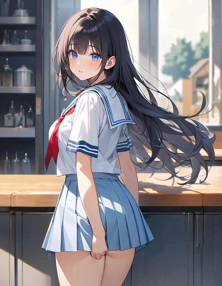 (Highest qualityのイラスト:1.2), (cute女の子:1.1), (1 girl、17 years old、Highest qualityのイラスト:1.2), (1 girl、Kind eyes、blue eyes:1.2)、Black Hair、Semi-long hair、(Highest quality、Very detailed、cute、Ultra-high resolution) 、High School Uniform｛Sailor suit、Red neckerchief、Short sleeve、Pleated skirt)、Large Breasts、Stylish, from behind, hip focus,  Cowboy Shot