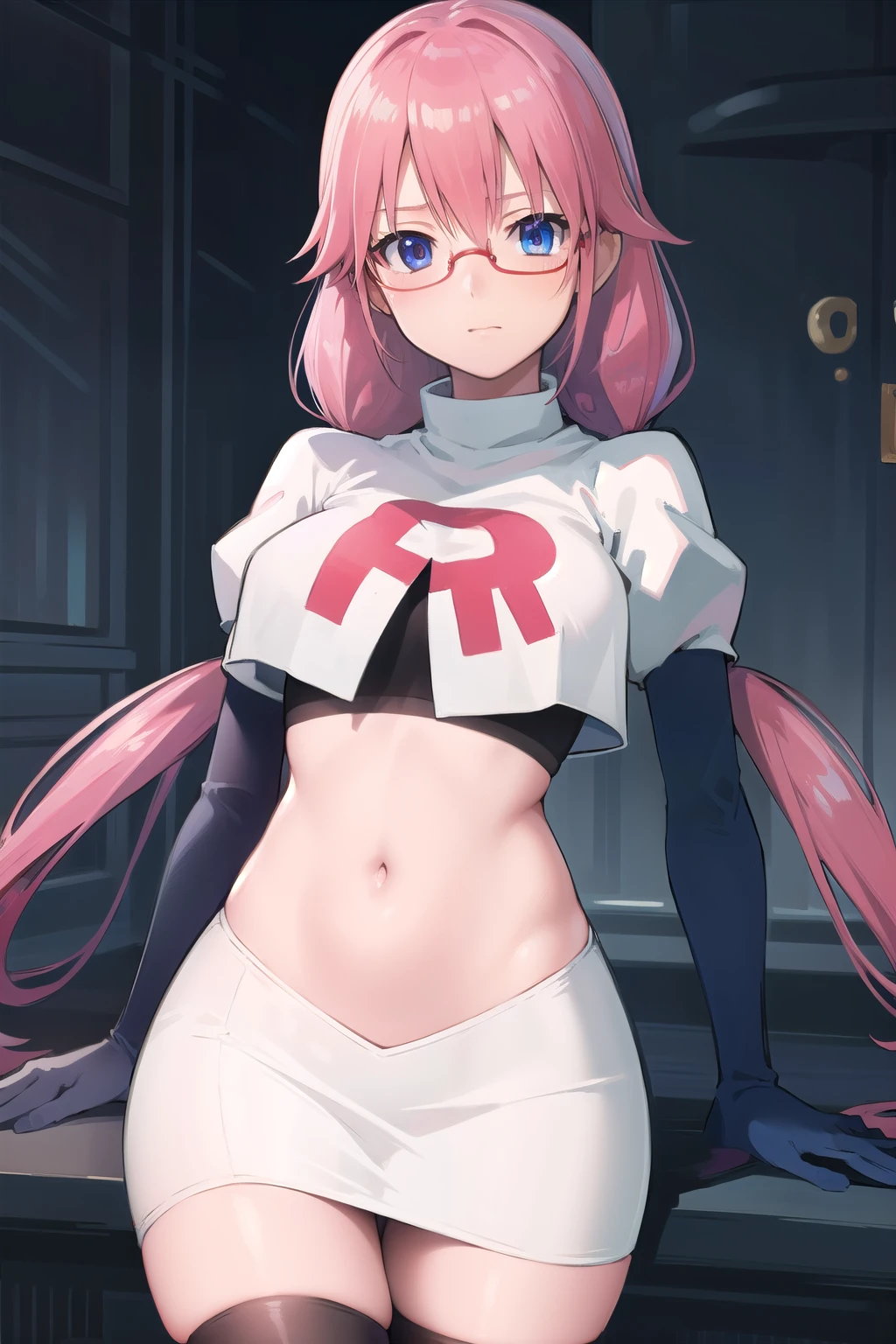 airisakura, airi sakura, blue eyes, glasses, long hair, pink hair, (low twintails:1.5),
BREAK glasses, team rocket,team rocket uniform,white skirt,red letter R,crop top,black thigh-highs,black elbow gloves,
BREAK looking at viewer,
BREAK (masterpiece:1.2), best quality, high resolution, unity 8k wallpaper, (illustration:0.8), (beautiful detailed eyes:1.6), extremely detailed face, perfect lighting, extremely detailed CG, (perfect hands, perfect anatomy),
