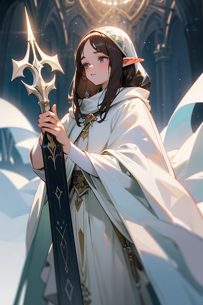 female, 5’3, Elven princess, medium long dark brown hair and eyes, small markings under her eyes, pointy ears, white skin, holding a beautiful silver trident. White cloak, a light aesthetic. Optimistic, kind, soft, attractive. has healing magic