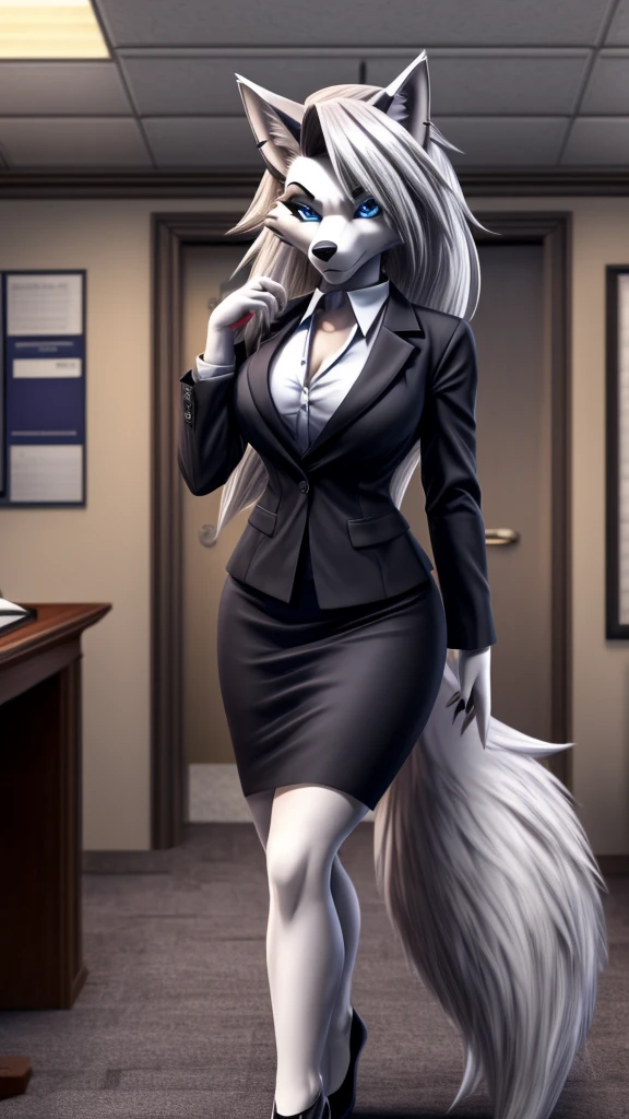 Loona from Helluva Boss, female wolf, anthro, adult, white hair, blue eyes, office outfit, she gives something to the viewer, standing, serious, detailed, solo, beautiful, high quality, 4K