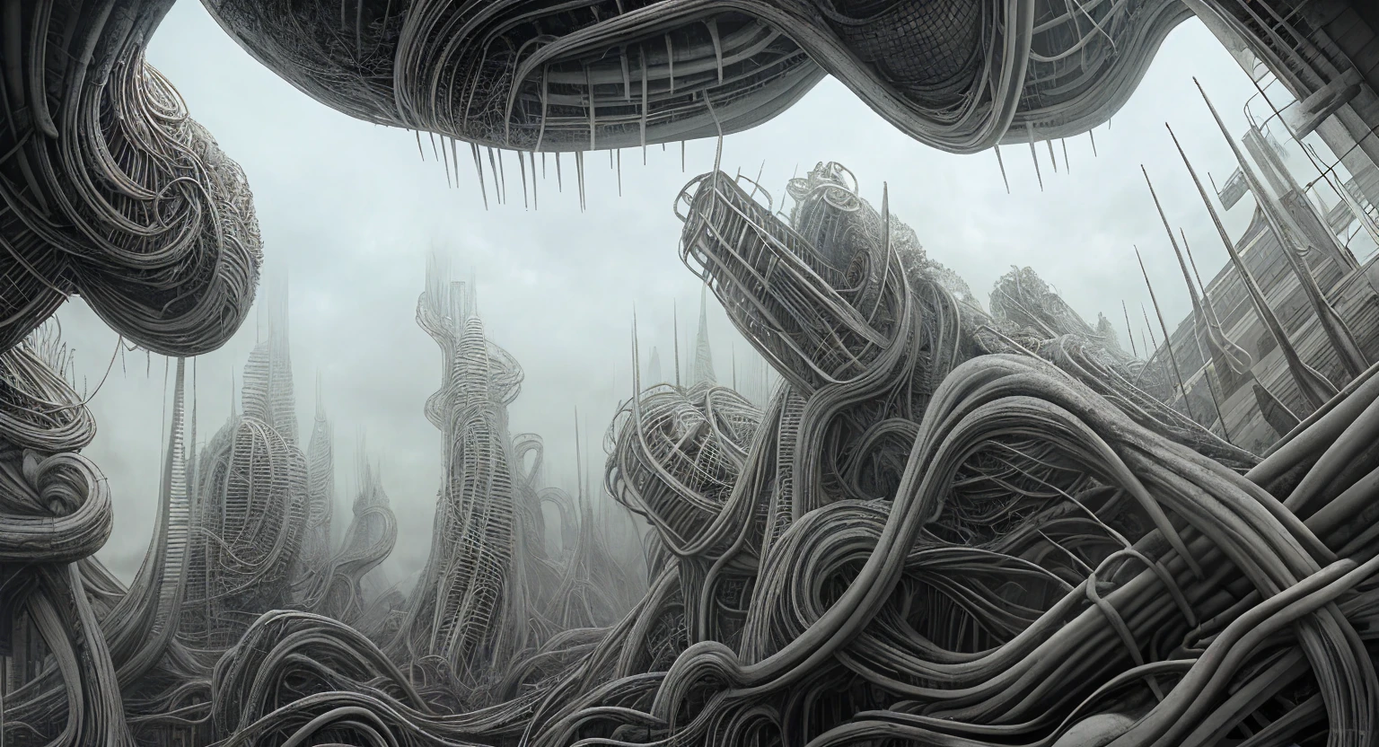 city of merging organic forms, creeping cables and pipes , in style of Dan Seagrave, H. R. Giger, Zdzisław Beksiński with cinematic lighting, background cloud storm inspired by jeffrey smith