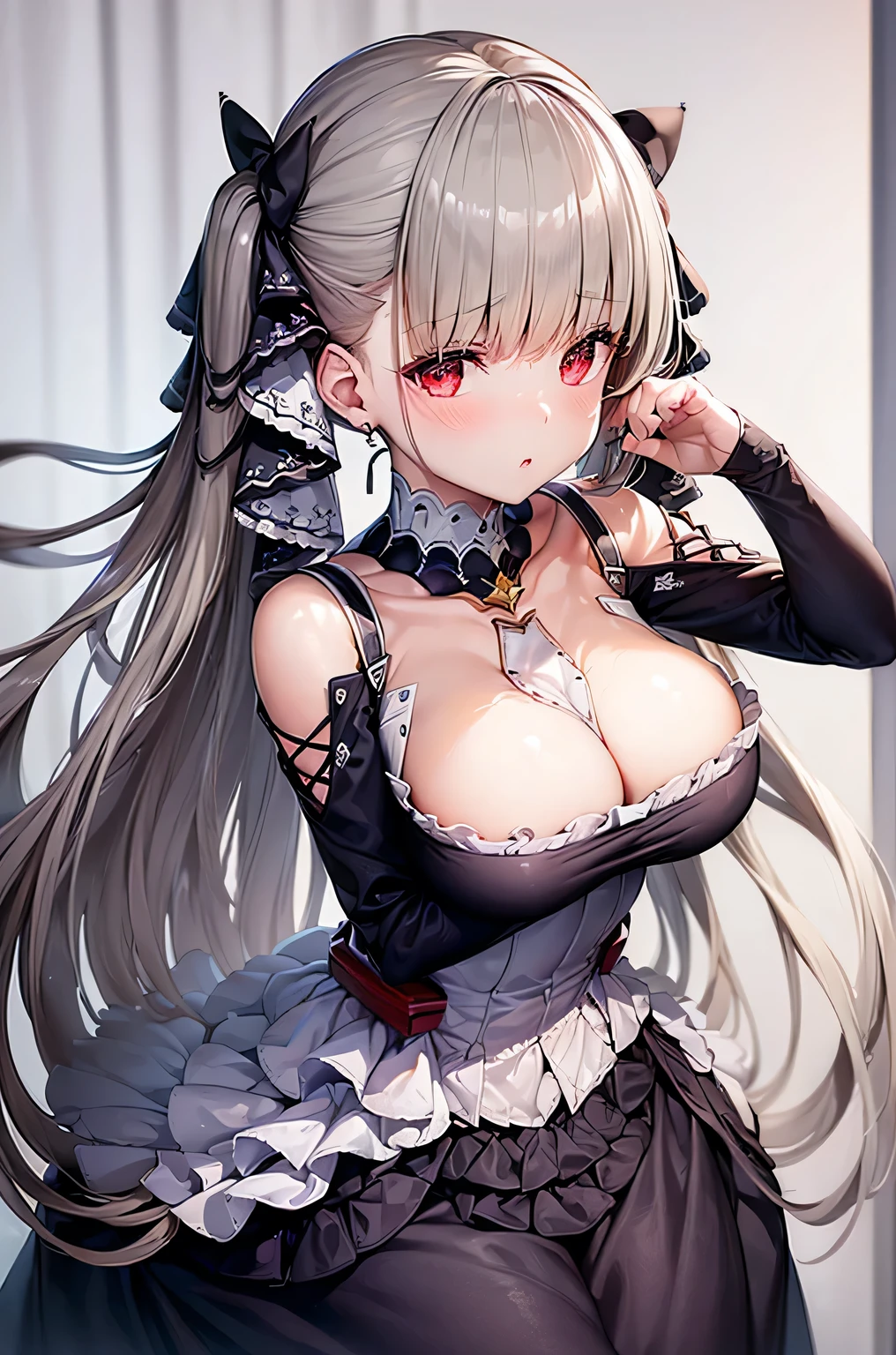 ((dress_default, terrific_default)):1.5,((solo, 1girl)) ((masterpiece,Highest quality,Highly detailed images,Beautiful images、Realistic、Dutch Angle)), (Bright lighting overall、Backlight、A fantastic atmosphere、Thick Fog、Dust flutters),(Dynamic pose、Looking up、Beautiful cleavage、large breasts)1.2, ((Beautiful starry sky:1.5、Rooftop:1.2))((arms behind head))、Black sleeves