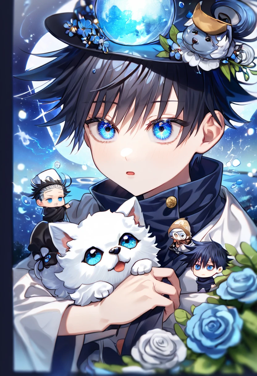 absurdres, highres, ultra detailed, HDR, master piece, Fushiguro Megumi chibi, black hair, expressive blue eyes, boy hugging a small dog, white dog, expressive blue eyes, Jujutsu Kaisen, magical hat, cute, best quality, blue moon, flowers, fantasy, magical, solo, water, blue shining fireflies, blue petals, cape, the word "Krozseria" is written on his shirt, glass