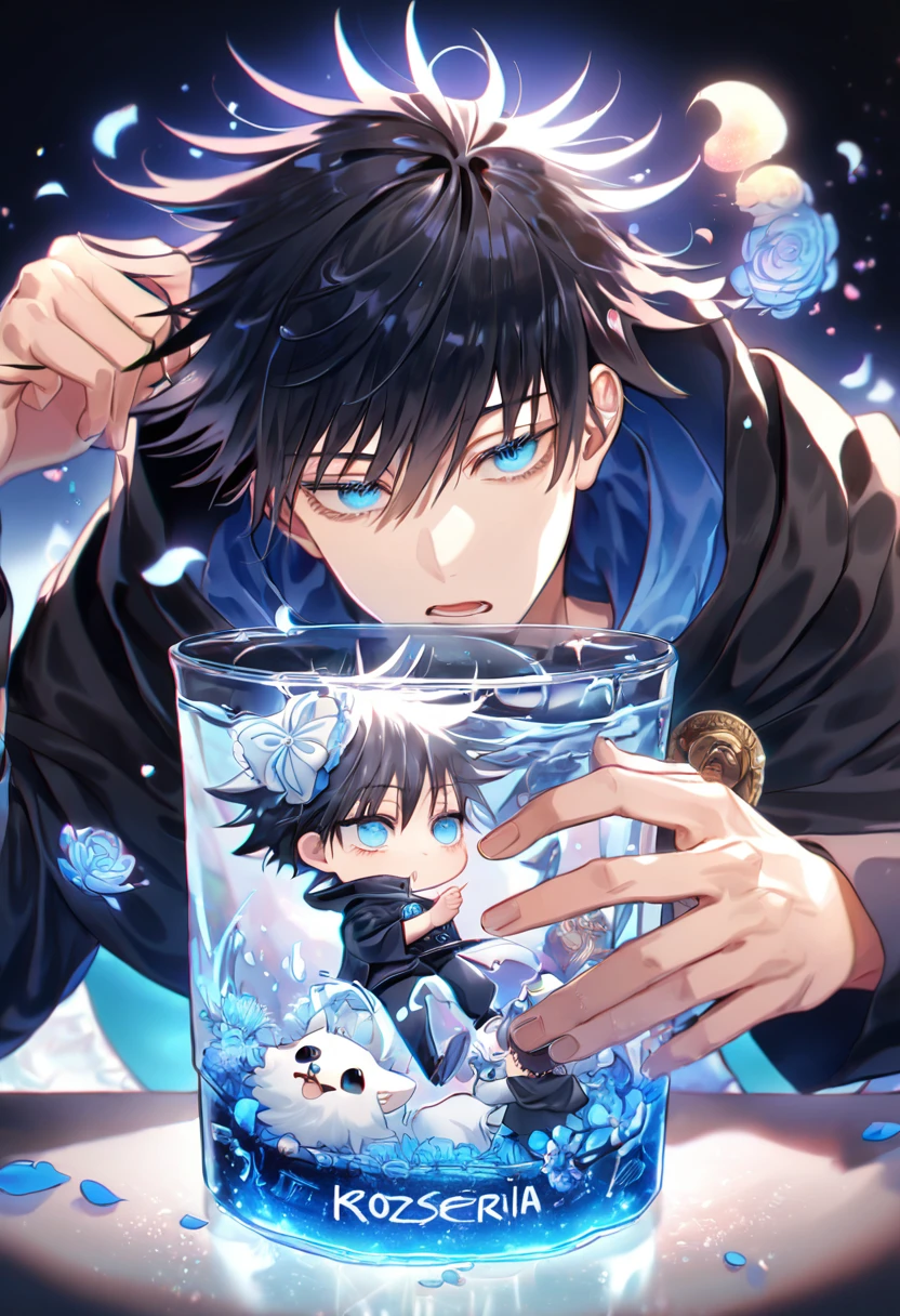 absurdres, highres, ultra detailed, HDR, master piece, Fushiguro Megumi chibi, black hair, expressive blue eyes, boy hugging a small dog, white dog, expressive blue eyes, Jujutsu Kaisen, magical hat, cute, best quality, blue moon, flowers, fantasy, magical, solo, water, blue shining fireflies, blue petals, cape, the word "Krozseria" is written on his shirt, glass