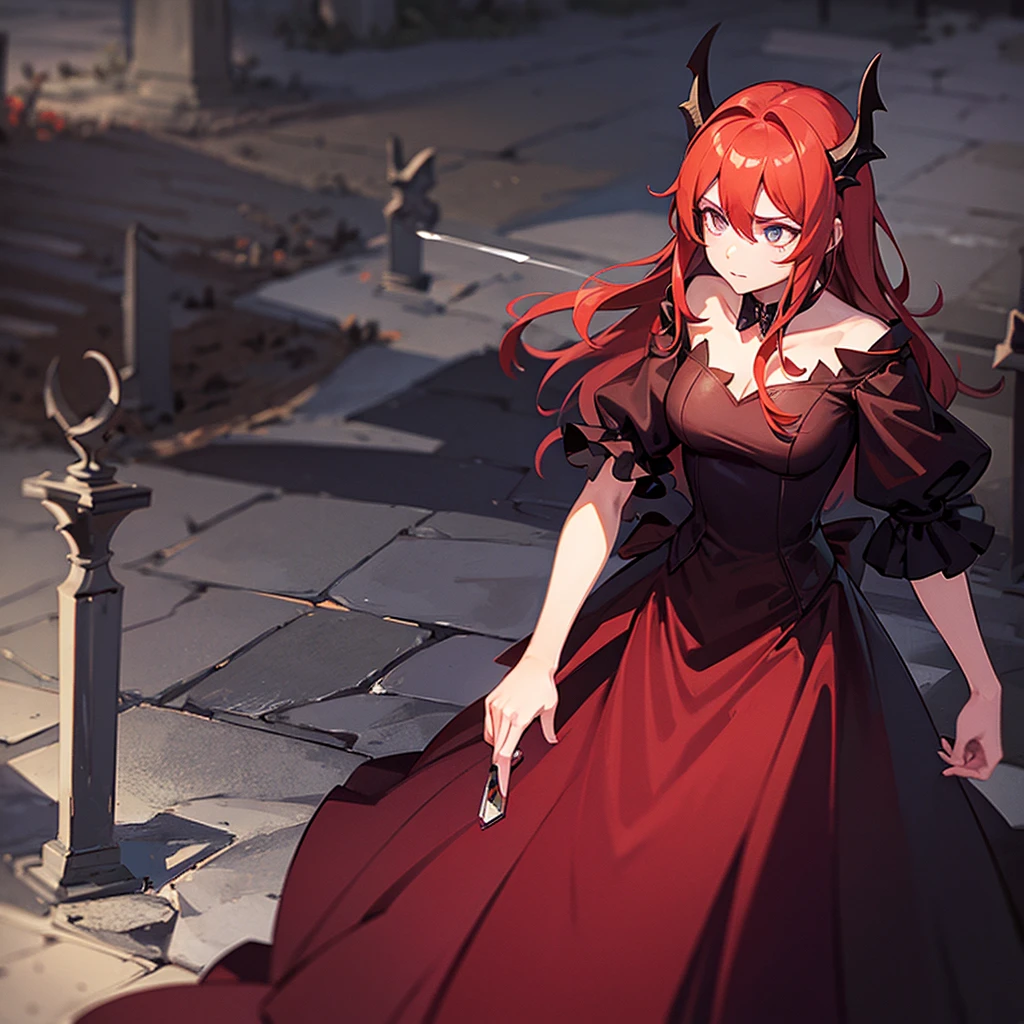 Surtr Arknight Woman with provocative dress, smoking in a dark cemetery 