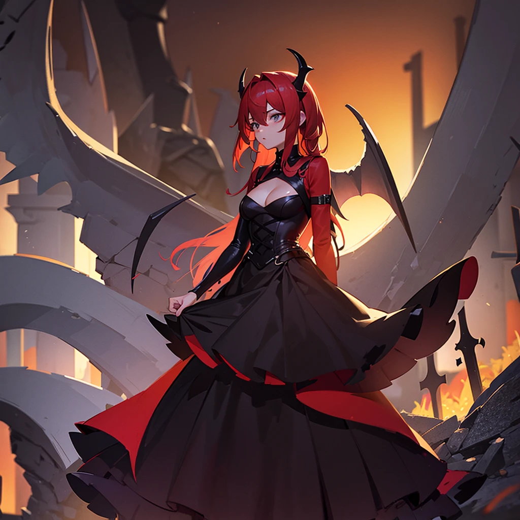 Surtr Arknight Woman with provocative dress, smoking in a dark cemetery 