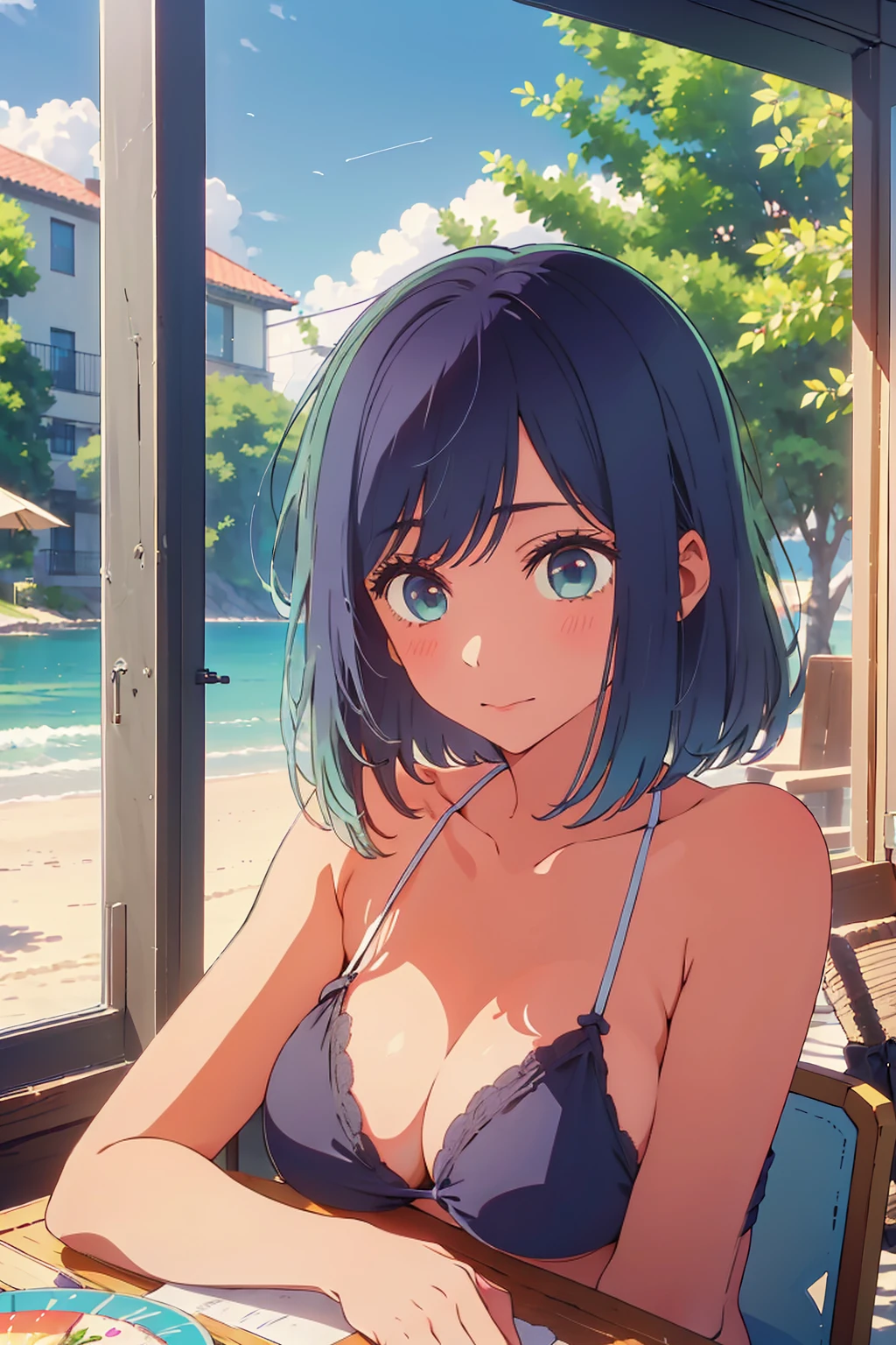 (Highest quality:1.4、masterpiece:1.4、Super detailed:1.4、8K:1.4)、((((1 person、Surprised expression、sit、Outdoor café terrace、coastal、juice、table、Sandy Beach、juiceのグラスを持つ、Plain Bikini、The depth of the written world、Very soft boobs、Big eyes、Very cute face))))、F cup bust、Medium breast、Underboob