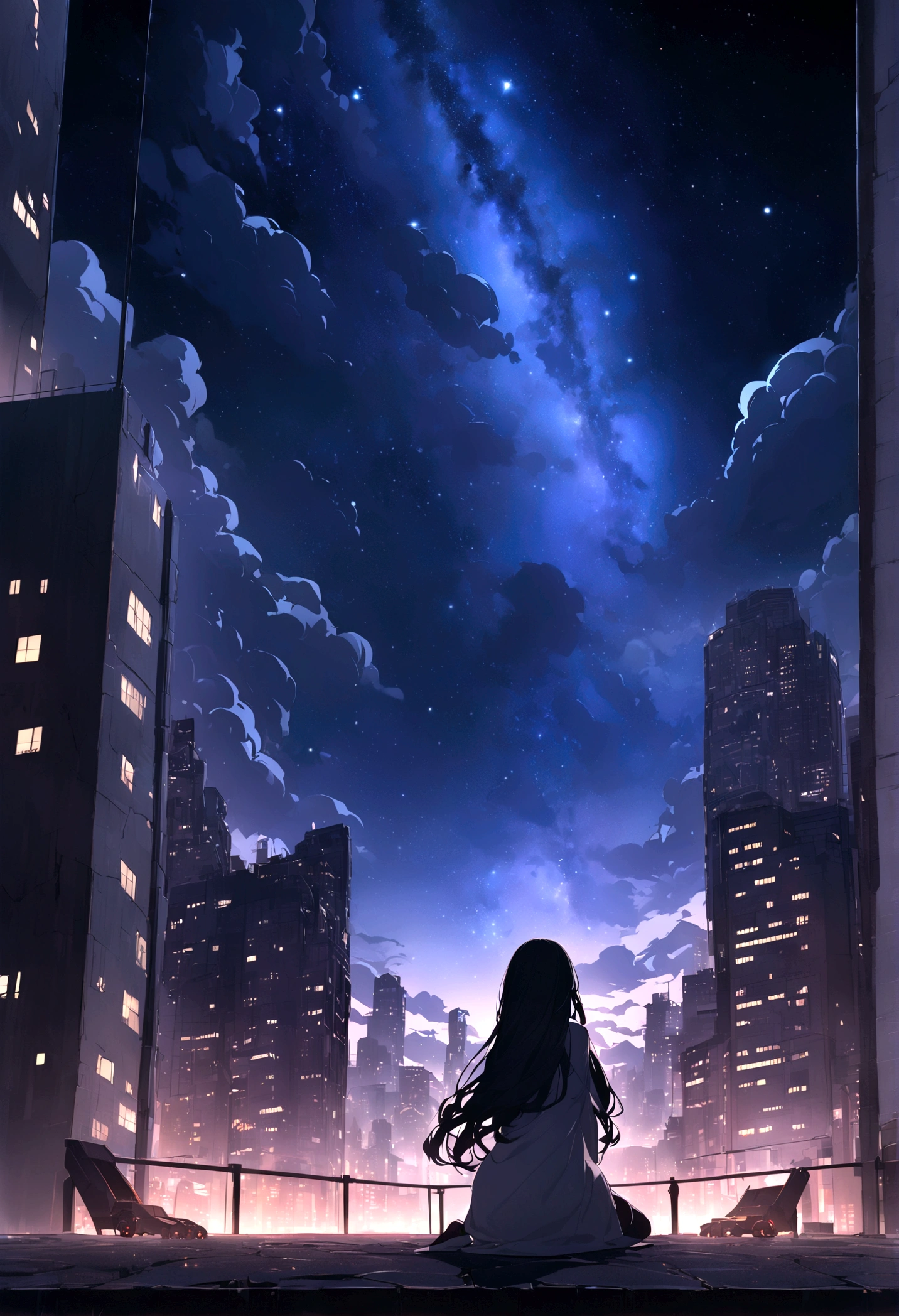 masterpiece,Octane, null, star (null), scenery, starnull, night, One girl, night null, alone, Outdoor, building, cloud, milky way, Sitting, wood, Long Hair, city, silhouette, cityscape,masterpiece,32k