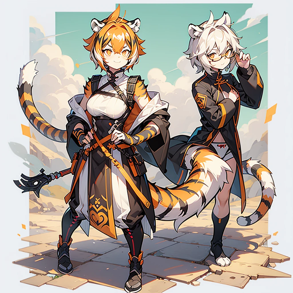 white background, full body, solo, Standing, heading up, proud , young girl, animal ears, arknights, white hair, black hair, round eyewear, glasses, OPPEIN, short hair, large breasts, muscle，tail, orange eyes, orange hair, multicolored hair, tiger girl, furry female, hair between eyes, tiger_ears, tiger_tail, waai_fu, orange-tinted_eyewear, tinted_eyewear, Sophorae, ワイフー, waai_fu_arknights, tattoo, petite, neck tattoo, big breasts, stomach tattoo, bra, panties, evil smile, Shadows under feet，text，