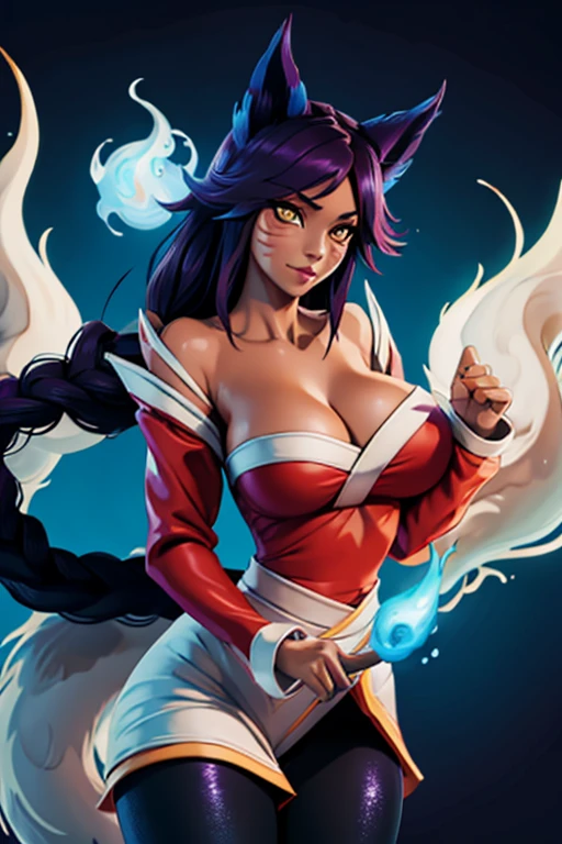 (best quality:1.3), (4K quality),masterpiece, best quality, high res, detailed, (Detailed face:1.2), (Detailed eyes:1.2), (Perfect figure:1.2), Fantasy style, Fantasy environment, 1girl, solo, (merge Ahri with Yoruichi Shihoin), (Kitsune:1.2), dynamic pose, long purple hair, bright yellow eyes, purple eyeshadow, red lipstick, dark skin, dark-skinned female, purple fox tail, multiple tails, braid, orange Korean kimono, off shoulder top, cleavage, waist short skirt, black leggings, medium breast, forest background, detailed background, perfect hands, blue fire, blue flame magic, hands generating blue flame magic,
