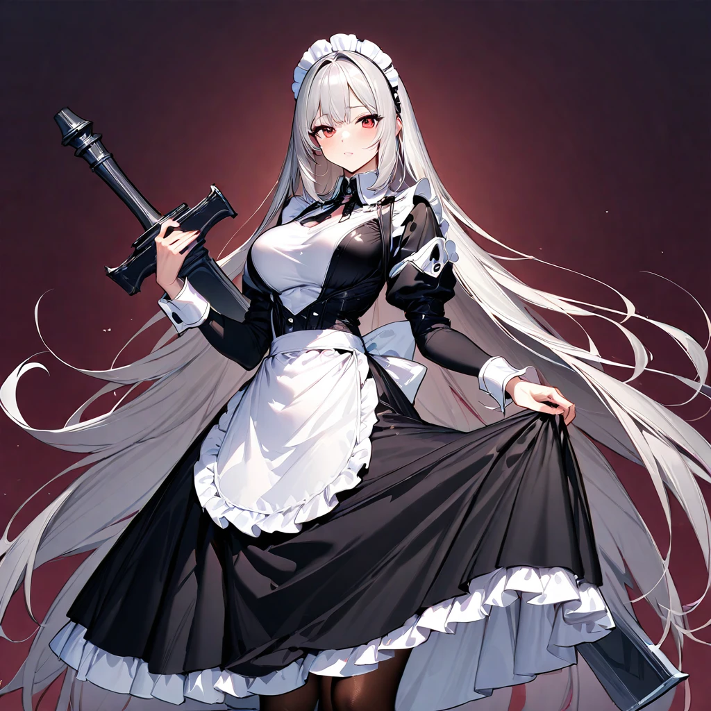 (masterpiece),(Highest quality),(Super detailed),(Best illustrations),(so beautiful), Beautiful Eyes, Perfect Face, Perfect hands, Perfect Fingers, hanging breasts, so beautiful長い脚, Silver Hair, Red eyes, Very long hair, pantyhose, Maid, headdress, apron, Long skirt, holding weapon, greatsword, carrying over shoulder