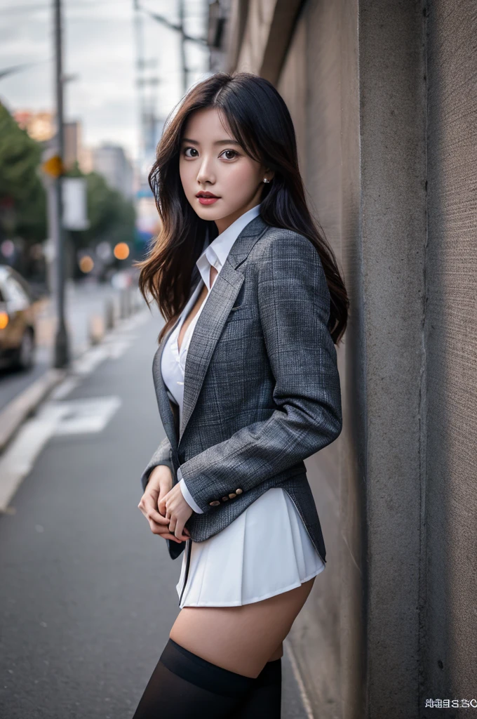 a 19 year old girl, she is the most beautiful actress in the world, the perfect body proportions of this girl, the blazer on the formal shirt that's worn on her upper body including it's large breasts, her crotch area of the panties are hardly hidden by short skirt, her bare legs, it's just front of her body in this photo, it from just above her head to her shins are hardy within this photo space, the lower than her shins are out of photo space, she is standing straight at the street, nsfw, best quality, highly detailed, masterpiece, ultra high res, photo realistic, 8k, RAW photo