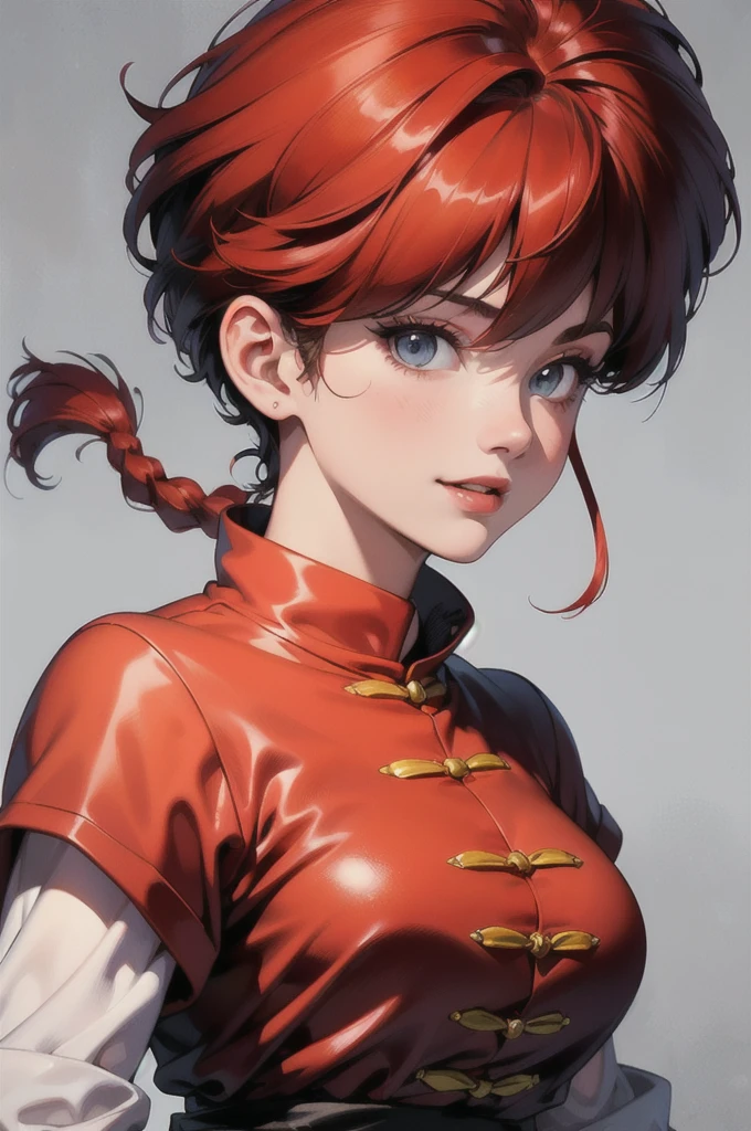 ((masterpiece:1.4)), expensive quality, very_expensive_solve, big_file size, Full Color, Thick outline, Clear contours, colorful, (Beautiful attention to detail), ((Beautiful Face:1.0)), ((Boyish face:1.4)), 1 Girl, (Ranma), (Redhead), short hair, (Braided Ponytail), ((bangs)), bumpy bangs, Blue-gray eyes, , Curvy, Ranma, Braided Ponytail, (Red Chinese Clothing), No sleeve, Tangzhuang, Black trousers, Camel Toe, ing, Upper Body, ((from the front:1.4)), ((Portraiture:1.8)), ((Face Focus:1.4)), ((Happy))