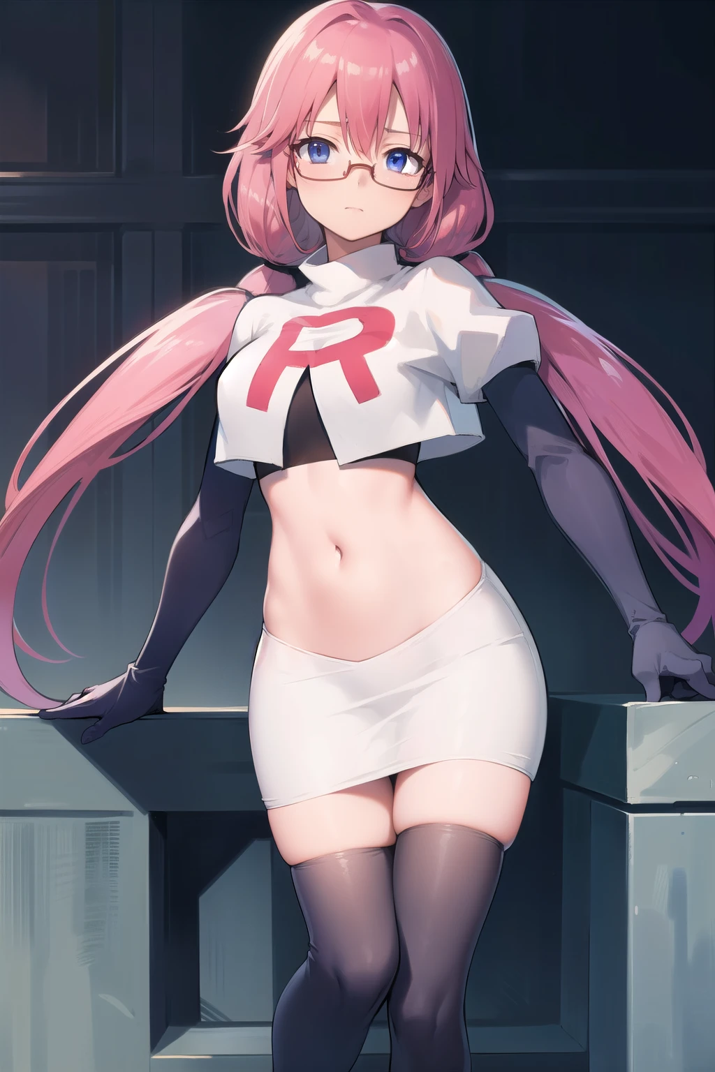 airisakura, airi sakura, blue eyes, glasses, long hair, pink hair, (low twintails:1.5),
BREAK glasses, team rocket,team rocket uniform,white skirt,red letter R,crop top,black thigh-highs,black elbow gloves,
BREAK looking at viewer, 
BREAK (masterpiece:1.2), best quality, high resolution, unity 8k wallpaper, (illustration:0.8), (beautiful detailed eyes:1.6), extremely detailed face, perfect lighting, extremely detailed CG, (perfect hands, perfect anatomy),