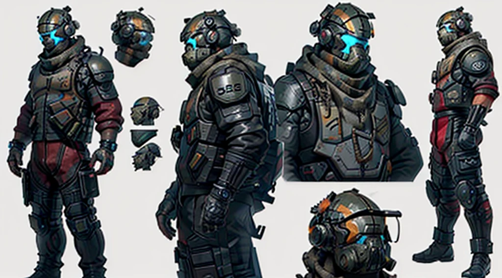 Character design sheet、male、Black combat uniform、Body Armor、Powered Suit、Full Face Mask、cyber punk