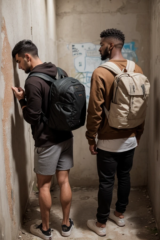 (Foto RAW de whole body), (two men with their backs turned) (naked ass) (show their ass) (Destroyed dirty bathroom) against one (concrete wall with graffiti). They both carry (backpacks) and (Casual clothes). The man on the left wears a (brown sweatshirt) and (black shorts). The man on the right is wearing a (colorful jacket) and (black shorts). The wall shows a (detailed graffiti) (Cracked cement floor), (vegetation on the edge of the wall), (8k hd), (DSLR), (natural lighting), (high quality), (film grain), (Fujifilm XT3), (whole body), (back view).
