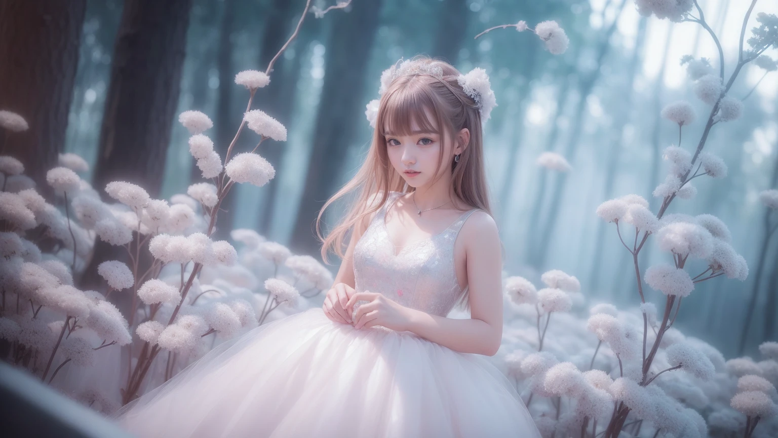 (((1 girl)))、（11 years old）、girl、Fluffy long hair、Glass Dress、plastic dress，See-through transparent clothing，Glass texture，The light shines，color is transparent，hair ornaments、Choker Necklace、gem、Cute face、Physically、Tyndall effect、Realistic、Shadow Studio、Edge Light、2-color illumination、（Skin with attention to detail：1.2）、8K, Ultra HD、Digital single-lens reflex camera、Soft Lighting、expensive、expensive品質、Volumetric Light、Voyeur、photograph、High resolution、4K、8K、The background is blurred，Highest quality、masterpiece、High resolution、