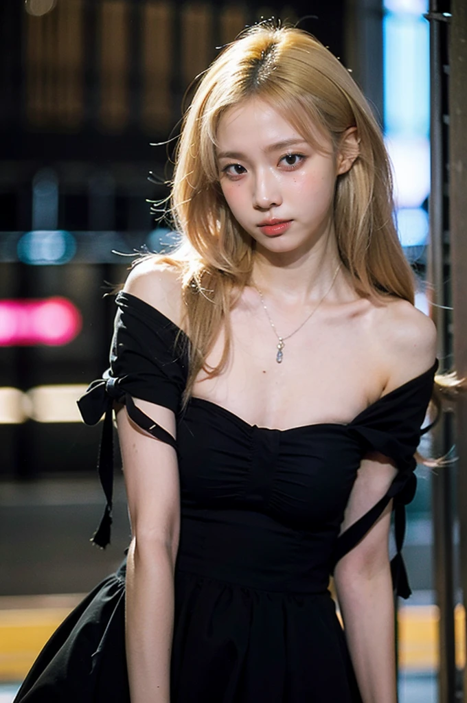 Best quality, masterpiece, ultra high res, (photorealistic), raw photo,1girl, skinny, upper body,solo, realistic, looking at viewer, long hair, bokeh background, city streets,brown eyes, black gothic sleveless dress, necklace,  blonde hair, (nsfw:1.4)