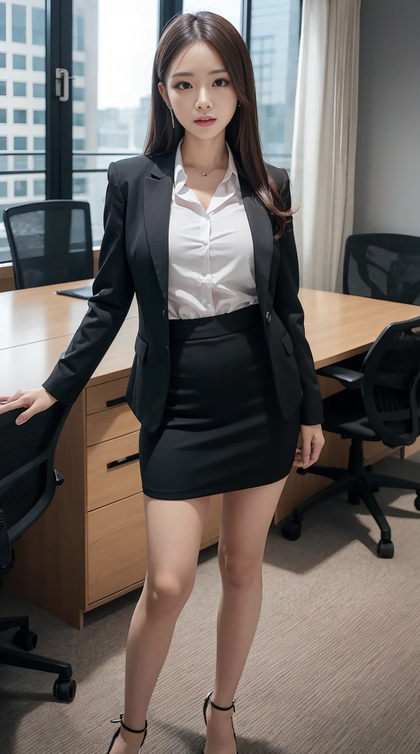 4k,8k,16k,32k,realistic, photorealistic, RAW photo,ultra realistic photo ,Best Quality, High Quality,Ultra Quality, 8K Portrait,CG unity 8k wallpaper, insanely detailed beautiful kawaii face,A Japanese Lady,20~40 years old ,large breast, voluptuous,(woman's Black Business Suit tight Skirt),frontage,full body shot,in IT office