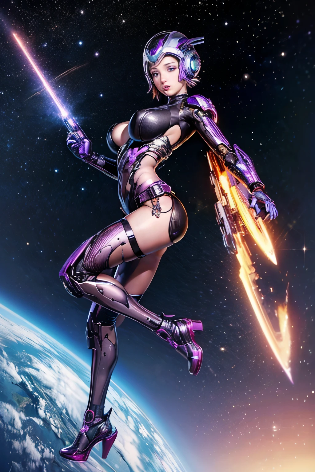 Luciwilde is a sexy cyborg with a entirely electric purple metallic body(obviously mechanical), metal helmet stylized as a fashion model hairdo (no hair visible), and a completely human face. She is flying through space propelled by jets in her feet. She has a guitar with a laser rifle built into it. Full body shot, show all of her, action pose with her weapon, best quality, extreme attention to detail, beautiful face
