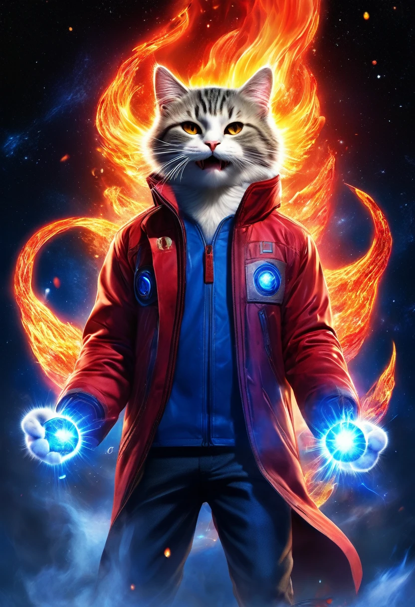 (CG, UHigh resolution, masterpiece, Anatomically correct, Super detailed, Attention to detail, High resolution, Highest quality), High resolution, Digital Art, universe, ((The best smile)), whole body, Cat、A red flame comes from his right hand.、A blue flame erupts from his left hand.