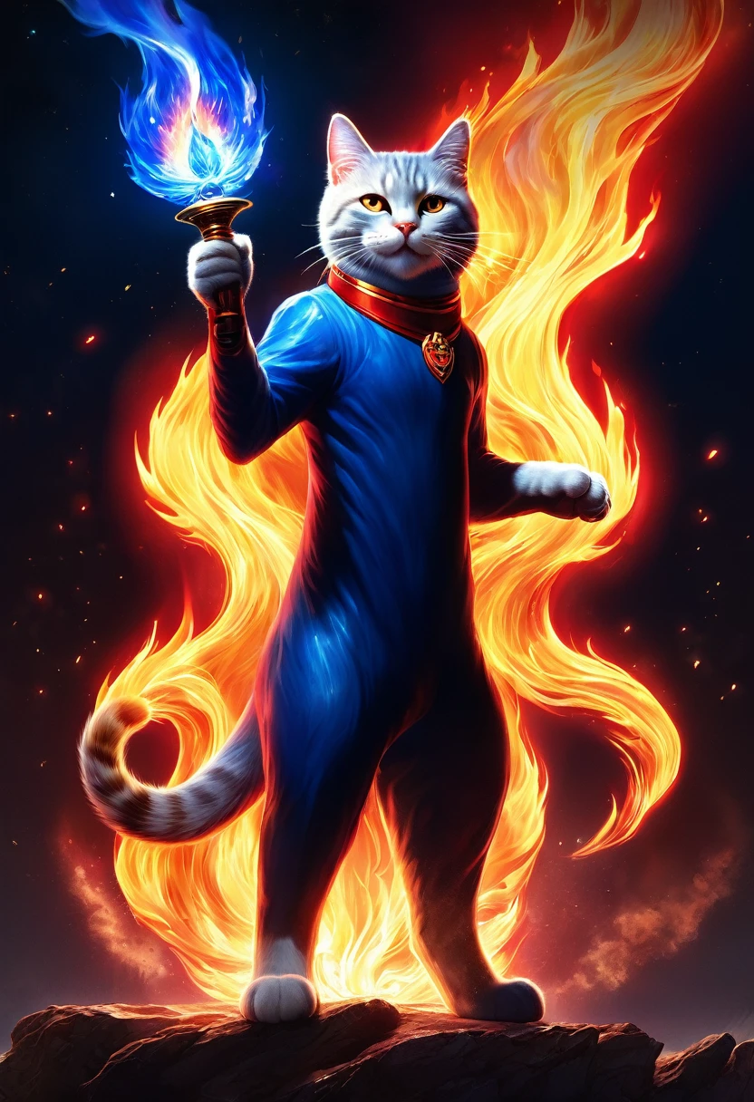 (CG, UHigh resolution, masterpiece, Anatomically correct, Super detailed, Attention to detail, High resolution, Highest quality), High resolution, Digital Art, universe, ((The best smile)), whole body, Cat、A red flame comes from his right hand.、A blue flame erupts from his left hand.